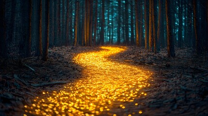 Naklejka premium Enchanted glowing golden path winding through a mysterious and atmospheric autumn forest landscape Tranquil and serene scene with captivating and mesmerizing lighting effects