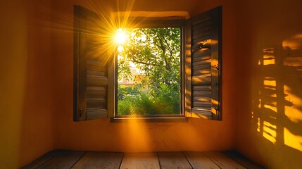 Warm golden sunlight streaming through an open window illuminating the cozy rustic interior of a...