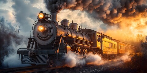 Vintage Steam Locomotive with Billowing Smoke - Generative AI