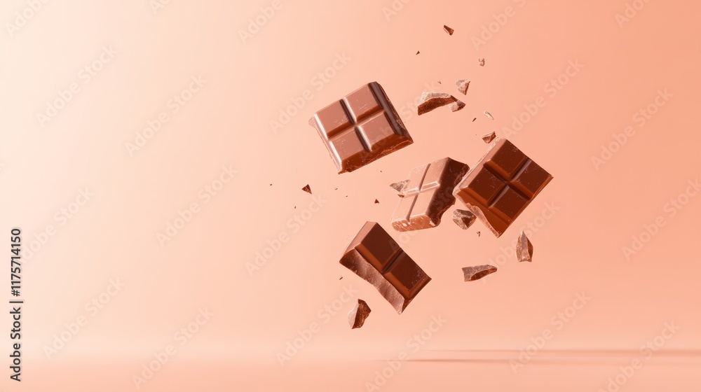 Aufkleber Pieces of milk chocolate bars are exploding and levitating on a light brown background, creating a visually appealing and dynamic scene with crumbs and fragments scattered around