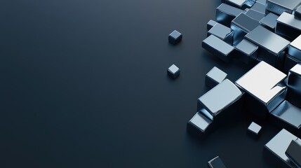 Abstract arrangement of metallic cubes on a dark surface.