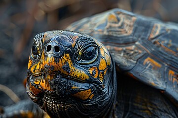 Obraz premium The turtle displays its striking patterns and colors, resting on the ground surrounded by natural elements. This close-up highlights the intricate details of its shell and skin