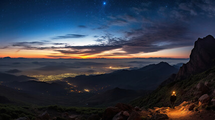 Sunrise over Mountainous Cityscape with Misty Valley