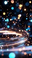Abstract swirling light trails with bokeh blue and gold particles dark background luminous energy