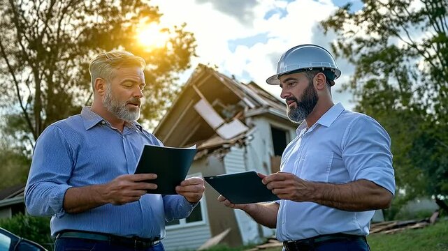 An insurance agent gestures to a digital tablet while standing next to a homeowner, the storm-damaged house behind them framed by vibrant sunlight.