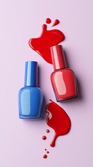 Nail polish bottles with spilled nail polish on violet background. 3d render
