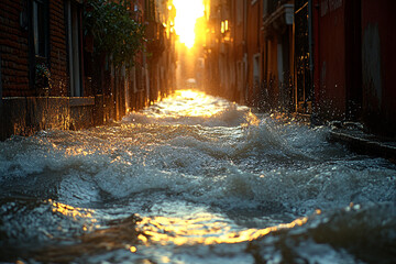 Golden Sunset Over Flooded Venetian Canal