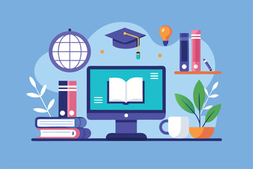 Naklejka premium A workspace featuring a computer, open book, globe, and books, symbolizing online education, A sleek and understated design for a virtual learning environment