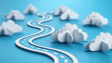 Navigating challenges with a roadmap and paper cutout clouds representing obstacles ahead