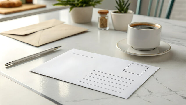 Postcard on marble table with coffee and plants, horizontal card mockup