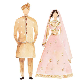 watercolor painting of Indian couple, bride in pastel pink lehenga, groom in gold achkan set isolated on transparent background