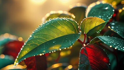 Close-Up of Dew-Kissed Leaves Glowing in Warm Sunlight