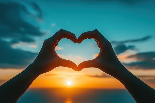 Hands forming heart shape against sunset blending into blue sky