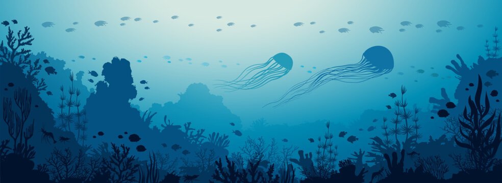 Underwater nature with coral reef, school of fish and two jellyfish on a blue sea. Vector ocean illustration. Underwater seascape panorama