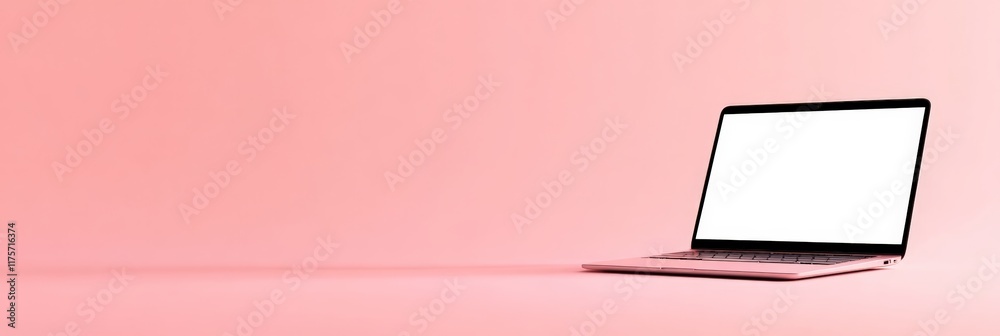 Poster Modern laptop with a blank white screen floating effortlessly on a pastel pink background, perfect for displaying websites or apps in a stylish and minimalistic manner
