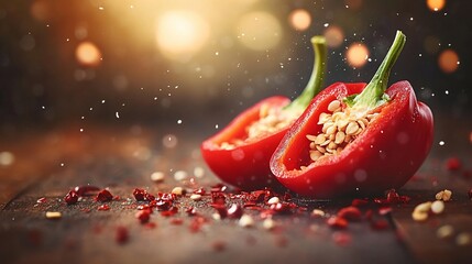 Halved red peppers, seeds, spice, rustic wood, bokeh