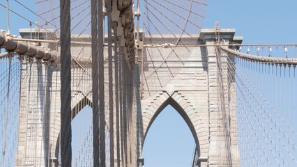 Brooklyn Bridge to Manhattan downtown, cables and blue sky. New York City iconic symbol, USA travel...