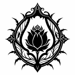 Fototapeta premium Intricate Black Rose Crest with Thorny Vine Motif on White Background