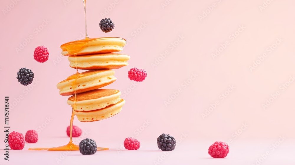 Poster four stacked pancakes levitating on a pink background, drizzled with syrup and surrounded by floatin