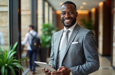 African American businessman uses digital tablet in hotel lobby. Successful entrepreneur or executive. He smiles confidently. Indoor setting. Modern business environment. Tech use. Portrait photo.