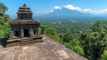 Ancient Temple with Mountain Vista: A Breathtaking Indonesian Landscape