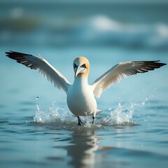 Fototapeta premium A seagull spreads its wings as it soars above the water, with a slightly blurred backdrop suggesting movement.