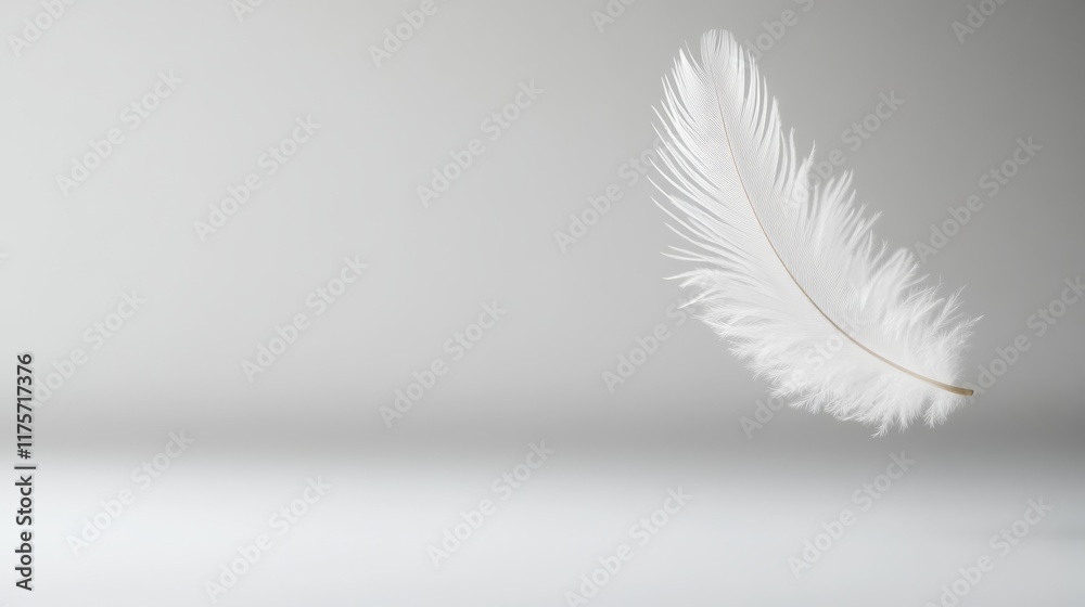 Poster single white feather levitating on white background creating a serene and minimalist composition, pe