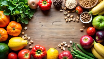 Assortment of fresh fruits, vegetables displayed on wooden surface. Colorful mix of healthy ingredients. Healthy food selection for balanced diet. Various fruits, vegetables shown in different