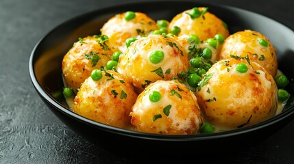 Fototapeta premium Golden potatoes smothered in cream with bright green peas, isolated on a smooth black surface with glossy highlights