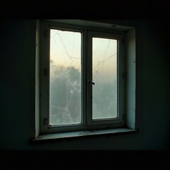 Obraz premium The image features a frosted window with a cracked pane, revealing a glimpse of the outside world through the darkness.