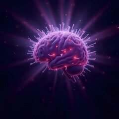 A 3D rendered image depicting a brain with numerous spikes, set against a dark background with radiant purple and orange light emanating from the brain.