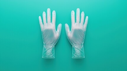 Obraz premium A pair of transparent gloves displayed on a turquoise background, symbolizing cleanliness and protection in various settings.