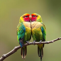 Obraz premium Yellow and green lovebird on branch with misty blurred background
