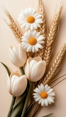 Tulip and Bouquet of White Daisies, Spring Roses Season, using generative ai