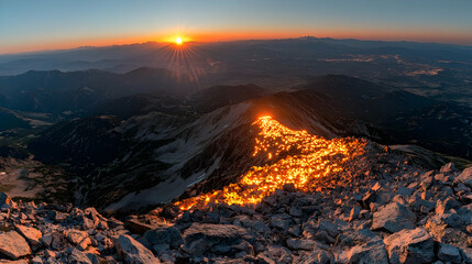 Naklejka premium Sunrise illuminating mountain peak.
