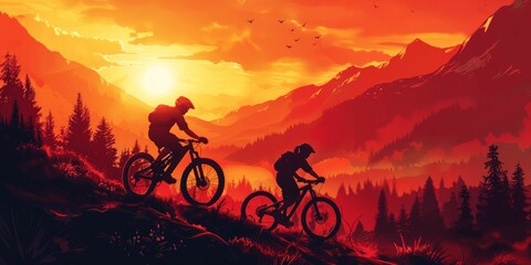 Two mountain bikers silhouette against a vibrant sunset, riding through a majestic mountain range. An epic adventure unfolds.