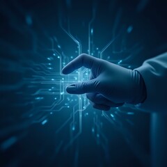 Fototapeta premium The image shows a hand wearing blue gloves interacting with a glowing, illuminated electronic interface against a dark blue background.