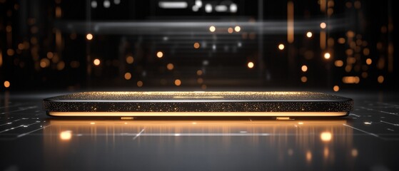 Obraz premium Illuminated tech gadget on dark surface, bokeh background