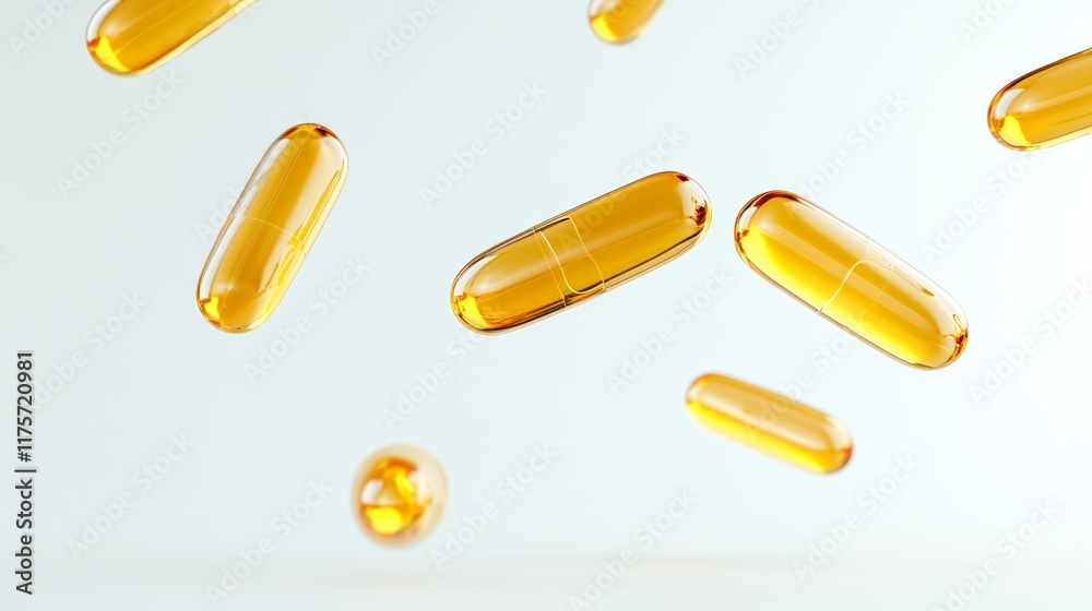 Poster Several translucent golden vitamin pills are floating and levitating on a light blue background, creating a visually appealing and informative image about health and wellness