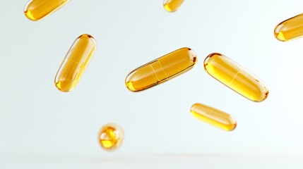 Several translucent golden vitamin pills are floating and levitating on a light blue background, creating a visually appealing and informative image about health and wellness