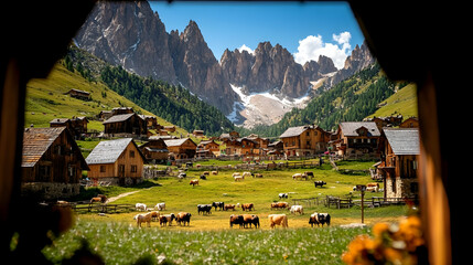 Mountain village with grazing cattle.