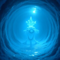 An ethereal, glowing ice sculpture is captured within a tunnel, with a radiant light at its apex and an icy blue hue throughout the space.