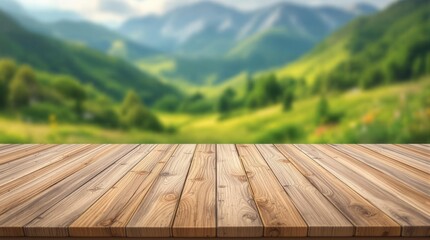 Wooden table top with blurred mountain background