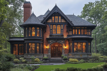 Fototapeta premium Majestic Brick House Evening Illumination