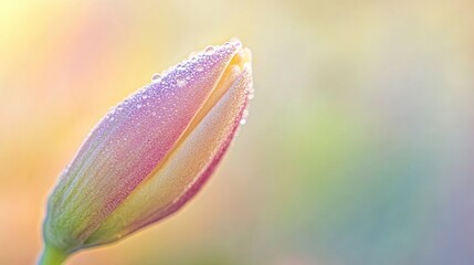 macro shot of morning dew on budding flower petal reflecting soft pastel light