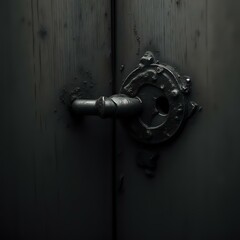 The image features a close-up of a worn, metal door handle with a circular hole in the center, set against a dark, textured background.