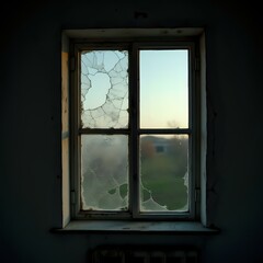 The image depicts a dilapidated window with a cracked pane on the left and a slightly obscured pane on the right, set against a dark background.