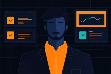 A stylized illustration of a man in a suit, with data analytics and checklists displayed on screens behind him, conveying a professional and tech-savvy atmosphere.