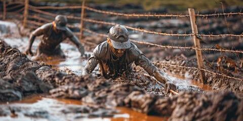 Two determined participants crawl through a muddy obstacle course, pushing their limits in a challenging outdoor event