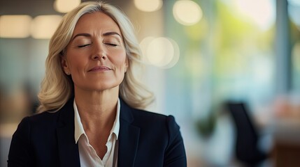 Fototapeta premium middle-aged woman in business attire practicing mindfulness at her workspace sitting with her eyes closed